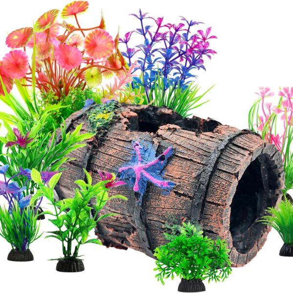 CousDUoBe Fish Broken Barrel Decor Fish Tank Decorations Betta Fish Tank Accessories,Starfish Barrel x 1pc, Aquarium Plants x 8pcs