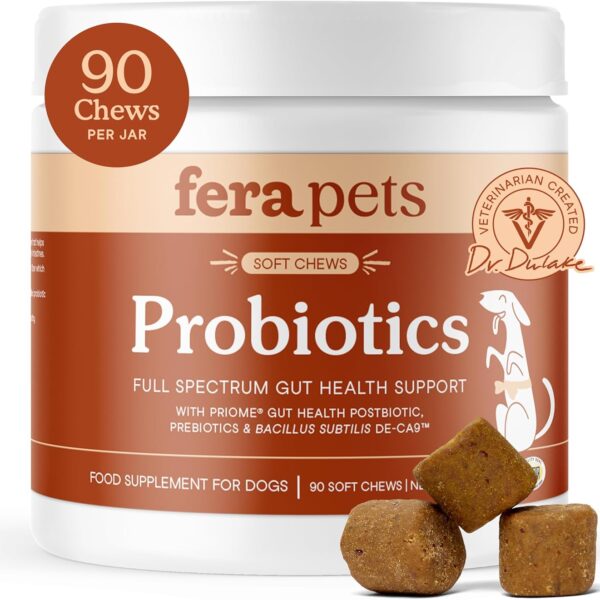 Fera Pets Probiotics for Dogs with Prebiotics and Postbiotics - Full Spectrum Gut Health Support - Promotes a Balanced Gut Microbiome - Boosts Immune Health - 90 Soft Chews