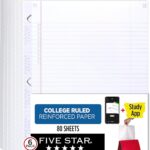 Five Star Loose Leaf Paper + Study App, 6 Pack, Notebook Paper, College Ruled Filler Paper, Reinforced, Fights Ink Bleed, 8.5 x 11, 80 Sheets per Pack (170025)