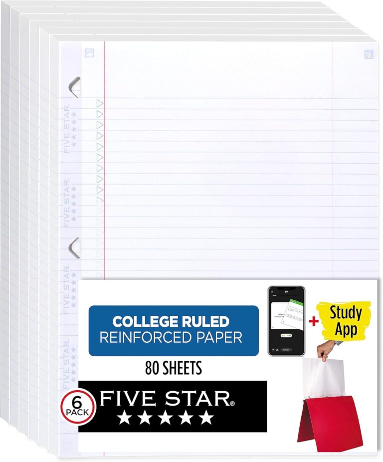 Five Star Loose Leaf Paper + Study App, 6 Pack, Notebook Paper, College Ruled Filler Paper, Reinforced, Fights Ink Bleed, 8.5 x 11, 80 Sheets per Pack (170025)