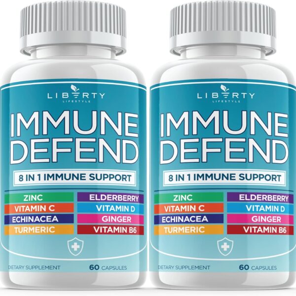 8 in 1 Immune Defense Support, Immunity Vitamins Supplement Booster Zinc 50mg, Vitamin C Elderberry VIT D3 5000 IU, Turmeric Curcumin & Ginger, Echinacea - Allergy Relief for Kids Adults (2 Pack)