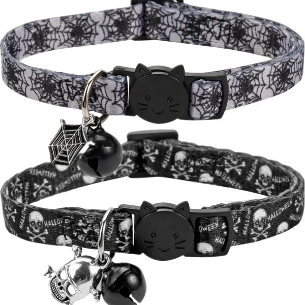 Cat Collar Halloween Set of 2, Skull Cat Collar for Small Dogs, Holiday Kitten Collar with Bell