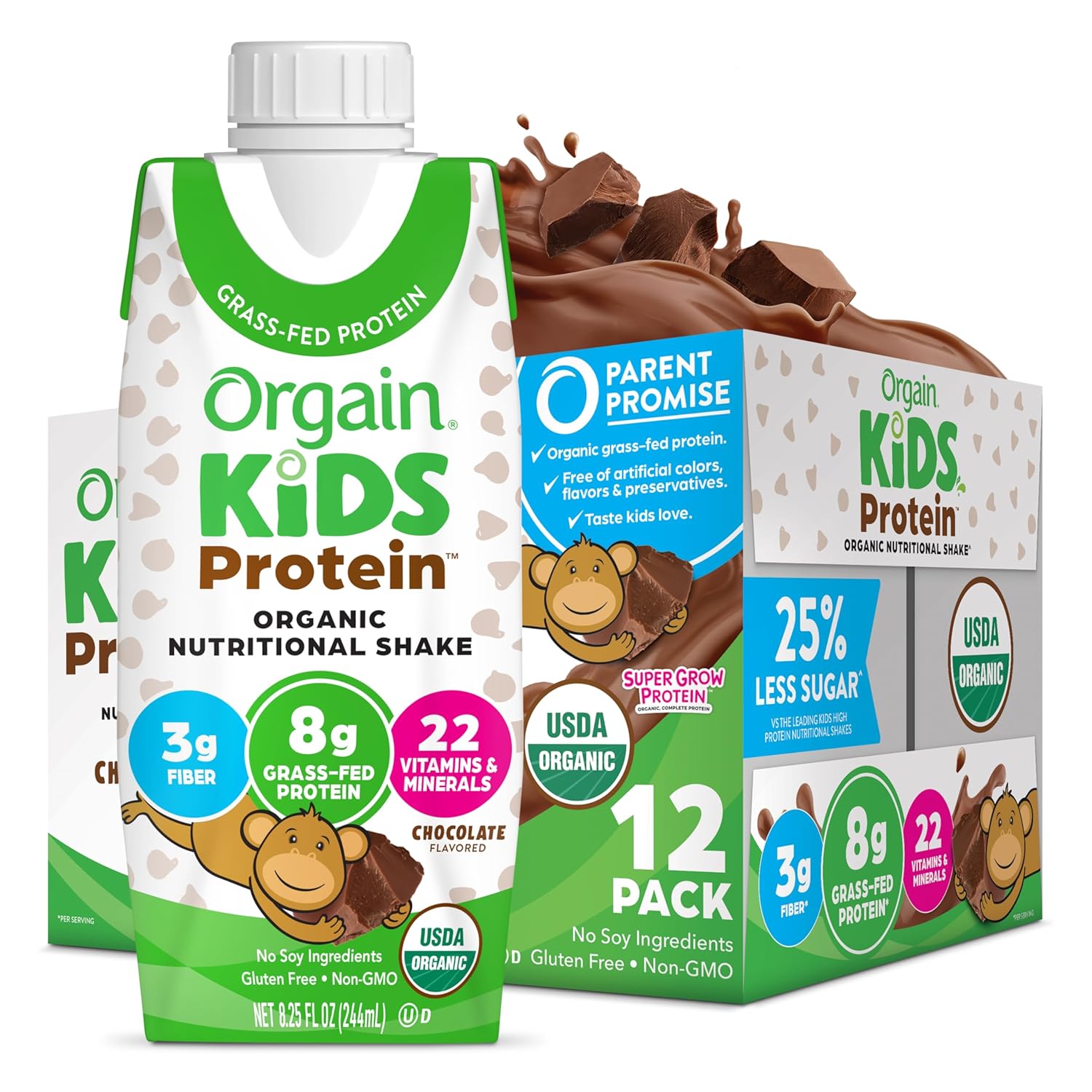 Orgain Organic Kids Nutritional Protein Shake, Chocolate, Healthy Kids Snacks, 8g Dairy Protein, 3g Fiber, 22 Vitamins & Minerals, No Soy Ingredients, Gluten Free, Non-GMO, 8.25 Fl Oz (Pack of 12) Orgain Organic Kids Nutritional Protein Shake, Chocolate, Healthy Kids Snacks, 8g Dairy Protein, 3g Fiber, 22 Vitamins & Minerals, No Soy Ingredients, Gluten Free, Non-GMO, 8.25 Fl Oz (Pack of 12)