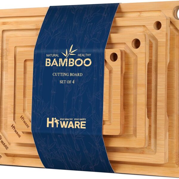 Hiware 4-Piece Extra Large Bamboo Cutting Boards Set for Kitchen, Heavy Duty Cutting Board with Juice Groove, Bamboo Chopping Board Set for Meat, Vegetables - Pre Oiled
