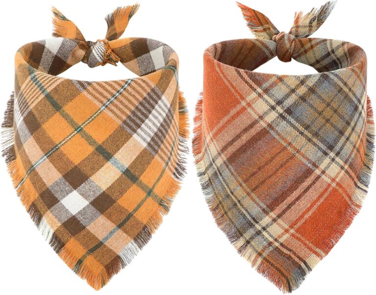 Vivifying Thanksgiving Dog Bandana, 2 Pack Fall Halloween Classic Plaid Dog Scarf with Tassels Edges, Funny Pet Apparel & Accessories Costume for Photo Prop, and Party Decor (Large, Yellow&Orange)