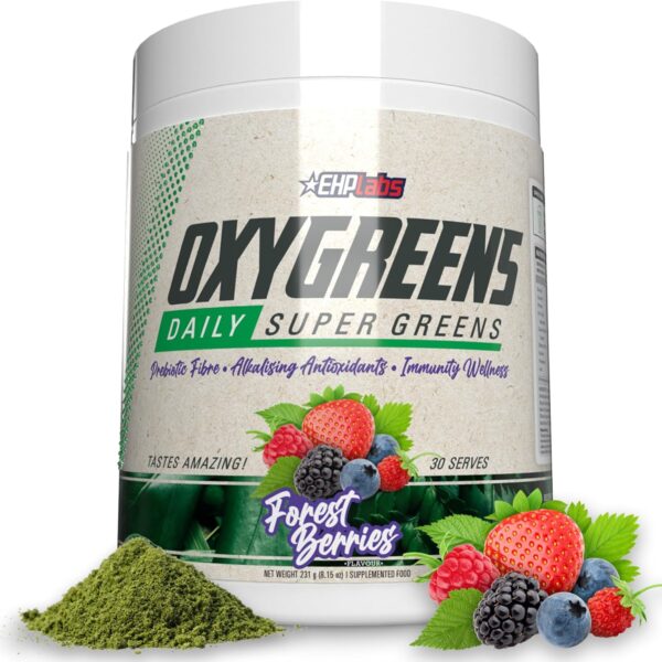 EHP Labs OxyGreens Super Greens Powder Daily Greens & Superfood Supplement with Spirulina, Chlorella, Prebiotics, Digestive Enzymes, Antioxidants 30 Servings (Forest Berries)