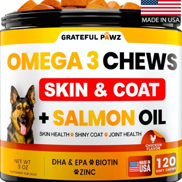 Omega 3 for Dogs - Fish Oil for Dogs Chews - Allergy and Itch Relief - Anti Shedding Supplement - Joint Health - Dry Itchy Skin and Coat Supplement - Salmon Oil - EPA & DHA - Made in USA