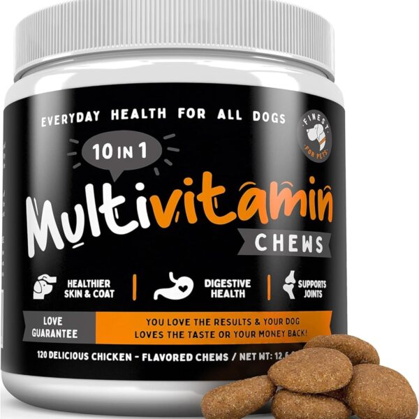 Finest For Pets Multivitamin Dog Supplement  10 in 1 with Omega Fish Oil & Glucosamine for Improved Joint & Skin Support, Gut, Digestion & Immune Everyday Health (120 Chewable Treats)