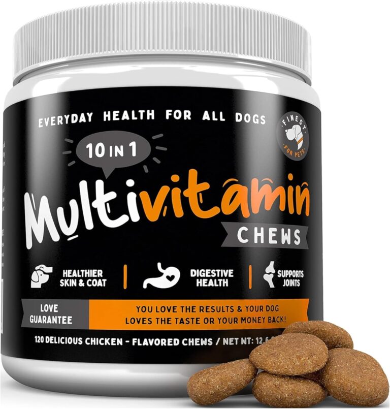 Finest For Pets Multivitamin Dog Supplement  10 in 1 with Omega Fish Oil & Glucosamine for Improved Joint & Skin Support, Gut, Digestion & Immune Everyday Health (120 Chewable Treats)