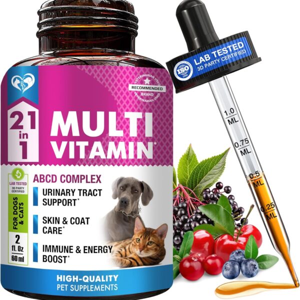 Cat & Dog Multivitamin Liquid with Glucosamine & Cranberry | 21 in 1 Health Supplements for Urinary Tract Kidney, Bladder, Hip & Joint, Skin & Coat | Natural UTI Medicine Made in USA (60 ml)