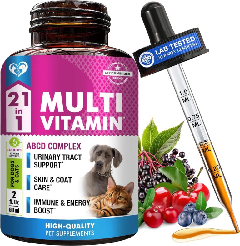 Cat & Dog Multivitamin Liquid with Glucosamine & Cranberry | 21 in 1 Health Supplements for Urinary Tract Kidney, Bladder, Hip & Joint, Skin & Coat | Natural UTI Medicine Made in USA (60 ml)