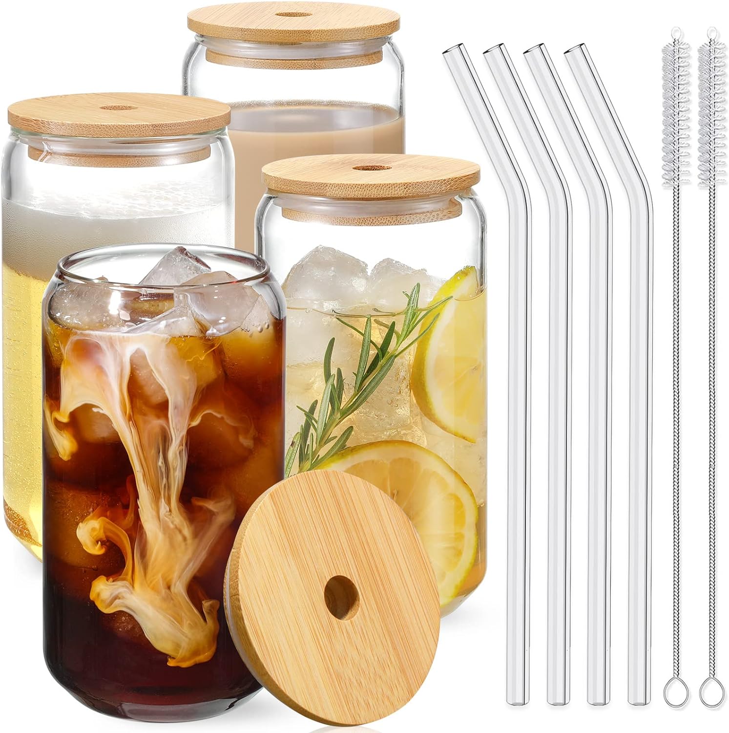 Drinking Glasses with Bamboo Lids and Glass Straw 4pcs Set - 16oz Glass Cups, Iced Coffee Glasses, Cute iced Tea Glasses, Beer Glasses, Ideal for Coffee Bar Accessories, Aesthetic Gift - 2 Brushes Drinking Glasses with Bamboo Lids and Glass Straw 4pcs Set - 16oz Glass Cups, Iced Coffee Glasses, Cute iced Tea Glasses, Beer Glasses, Ideal for Coffee Bar Accessories, Aesthetic Gift - 2 Brushes