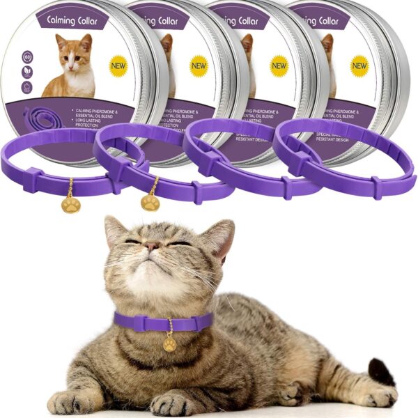 Weewooday 4 Pcs Cat Calming Collar Adjustable Pheromones Scent Relaxing Cat Collar with 2 Pendant for Puppies Reduce Stress Aggression Anxious, up to 15 Inches(Purple, Gold)
