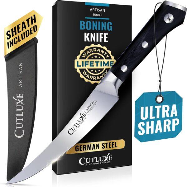 Cutluxe Curved Boning Knife  6" Boning Knife for Meat Cutting, Filleting  High Carbon German Steel, Full Tang & Ergonomic Handle Design  Artisan Series