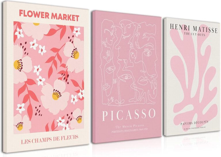 Djmwtb 3 Piece Canvas Wall Art Pink Wall Decor Matisse Prints Picasso Paintings Cute Pictures Abstract Artwork for Girls Bedroom Dorm Apartment 12x16in Framed