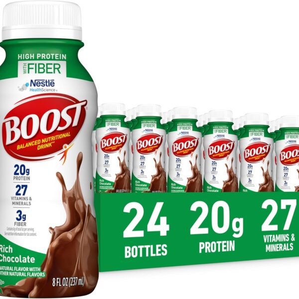 BOOST High Protein with Fiber Ready to Drink Complete Nutritional Drink, Rich Chocolate, 8 fl oz Bottle, 24 Pack