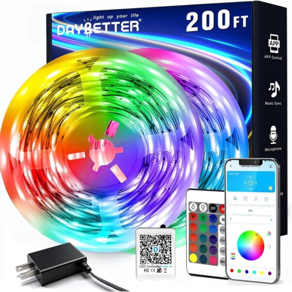 DAYBETTER LED Strip Lights 200 ft (2 Rolls of 100 ft), Smart App Control Lighting Bedroom Rome Decor with Remote, RGB Music Sync Color Changing LED Lights for Party