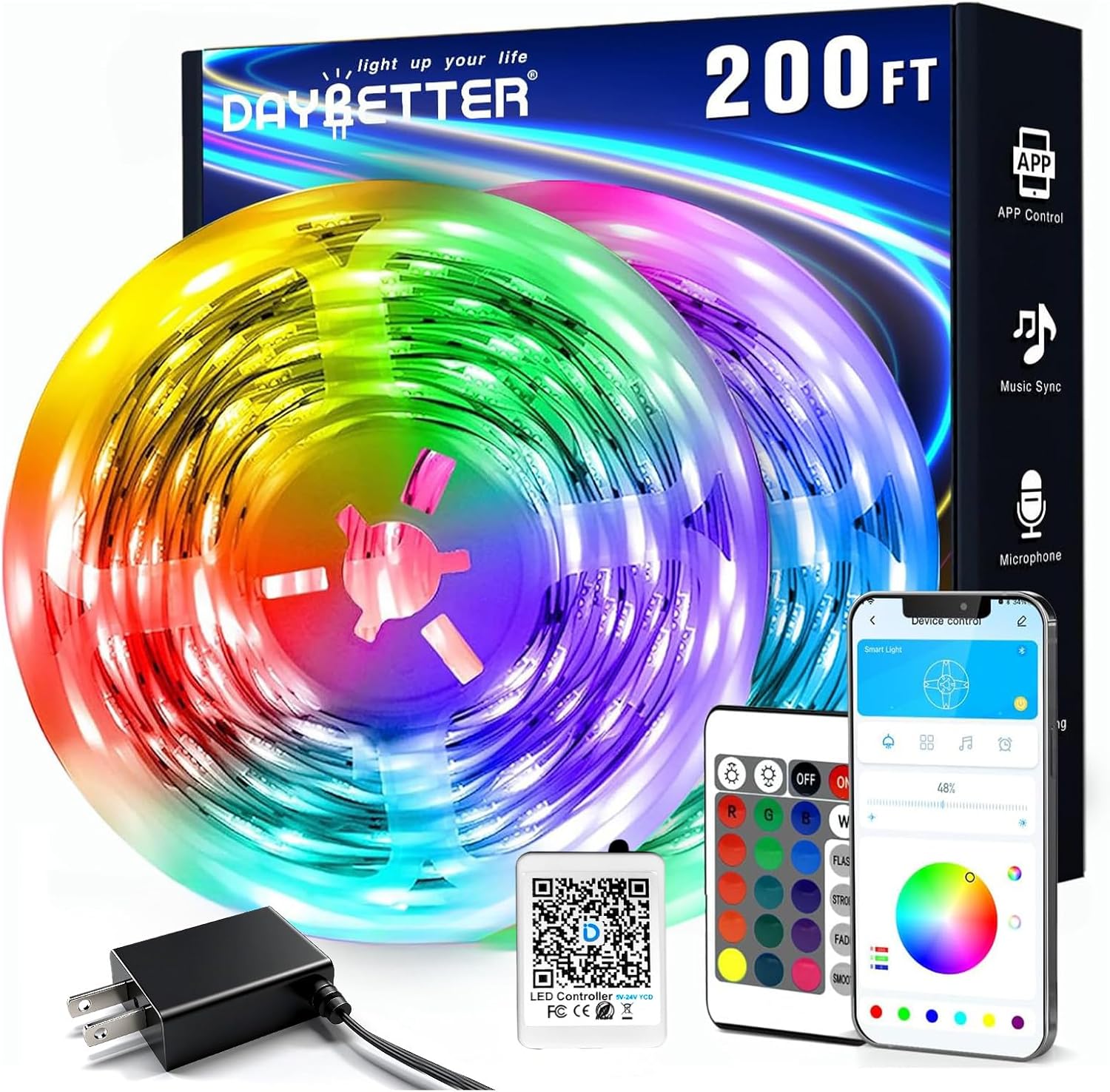 DAYBETTER LED Strip Lights 200 ft (2 Rolls of 100 ft), Smart App Control Lighting Bedroom Rome Decor with Remote, RGB Music Sync Color Changing LED Lights for Party DAYBETTER LED Strip Lights 200 ft (2 Rolls of 100 ft), Smart App Control Lighting Bedroom Rome Decor with Remote, RGB Music Sync Color Changing LED Lights for Party