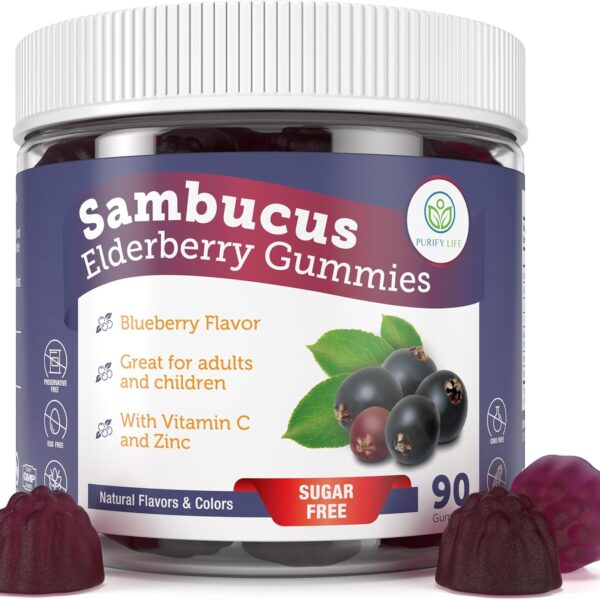 Sugar-Free Elderberry Gummies with Vitamin C & Zinc for Adults and Kids, Immune Support Supplement for Respiratory Health, Sambucus Elderberry Antioxidant Gummies - Vegan, 90 Count