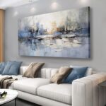 VHMING Abstract Wall Art Wall Decor Blue and Gray White Modern Canvas Wall Paintings Abstract Artwork for Living Room Bedroom Bathroom Office Home Decor Can Be Hung Directly 29"x 58"
