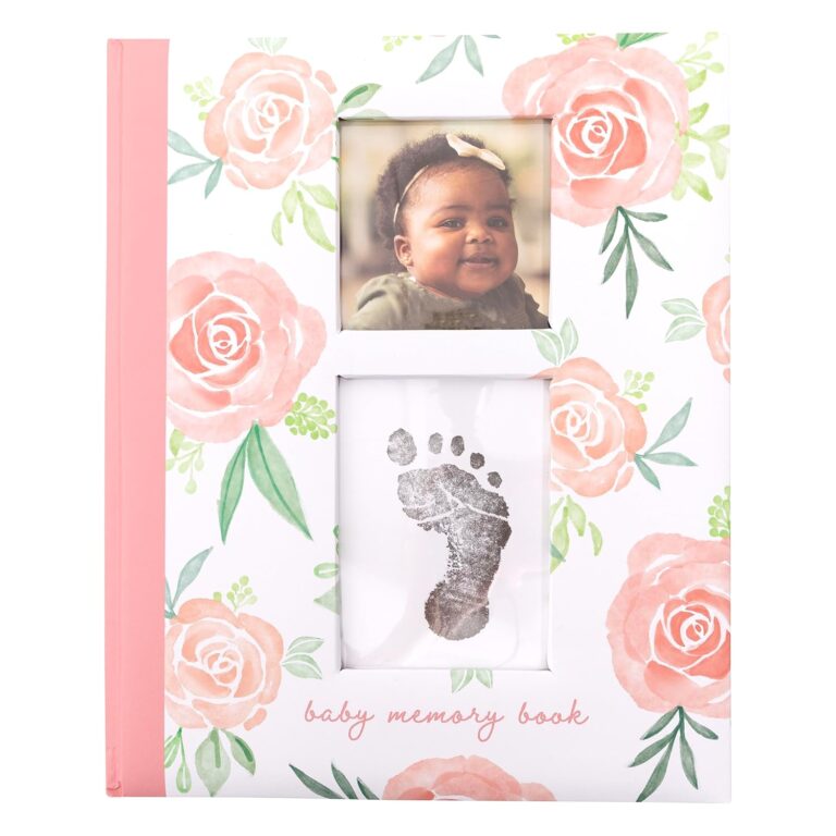 Floral Baby Memory Book, First 5 Years Baby Milestone Book, Pregnancy Journal, Gender Neutral Newborn Keepsake, Ink Pad For Baby's Handprint or Footprint, Pink Rose