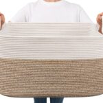 Goodpick Large Woven Blanket Basket, 21.6" x 14.9" x 11.8" Storage Baskets for Organizing, Rectangle Cotton Rope Toy Basket for Living Room, Bedroom, White & Brown