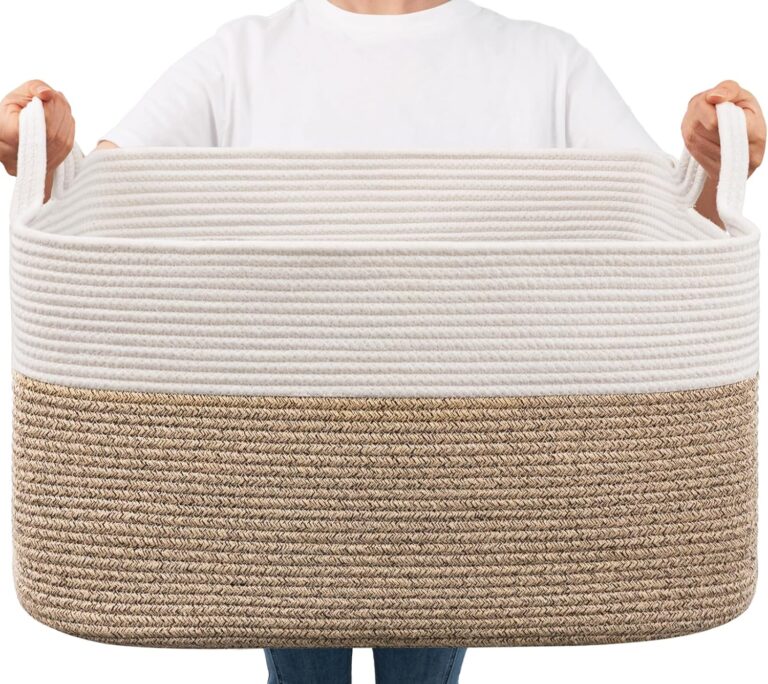 Goodpick Large Woven Blanket Basket, 21.6" x 14.9" x 11.8" Storage Baskets for Organizing, Rectangle Cotton Rope Toy Basket for Living Room, Bedroom, White & Brown