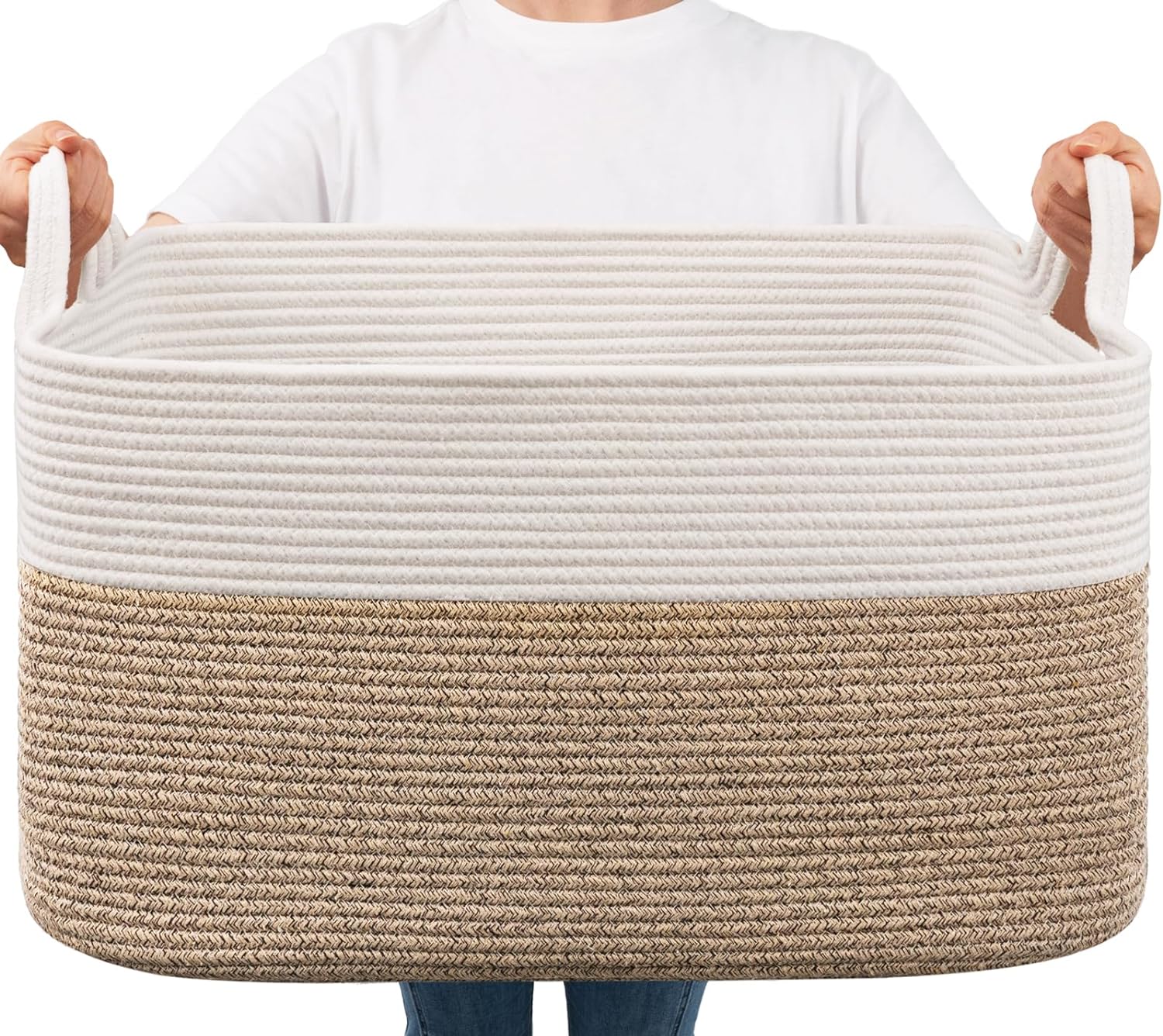 Goodpick Large Woven Blanket Basket, 21.6" x 14.9" x 11.8" Storage Baskets for Organizing, Rectangle Cotton Rope Toy Basket for Living Room, Bedroom, White & Brown Goodpick Large Woven Blanket Basket, 21.6" x 14.9" x 11.8" Storage Baskets for Organizing, Rectangle Cotton Rope Toy Basket for Living Room, Bedroom, White & Brown