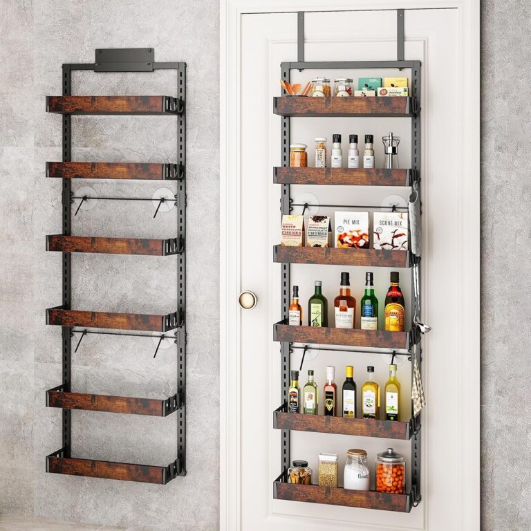 bukfen Over the Door Pantry Organizer, 6-Tier Adjustable Wooden Basket Kitchen Pantry Door Organization and Storage, Heavy-Duty Metal Hanging Kitchen Spice Rack,D6.3 x W17.71 x H50.60 inch,1 Pack