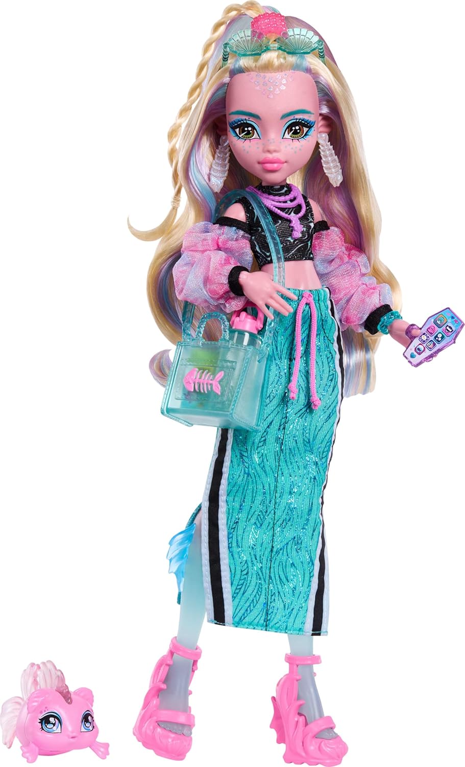 Monster High Doll, Lagoona Blue in Crop Top and Sporty Maxi Skirt with Pet Fish Neptuna and 7 Accessories Like Shell Sunglasses, Snack and Purse Monster High Doll, Lagoona Blue in Crop Top and Sporty Maxi Skirt with Pet Fish Neptuna and 7 Accessories Like Shell Sunglasses, Snack and Purse