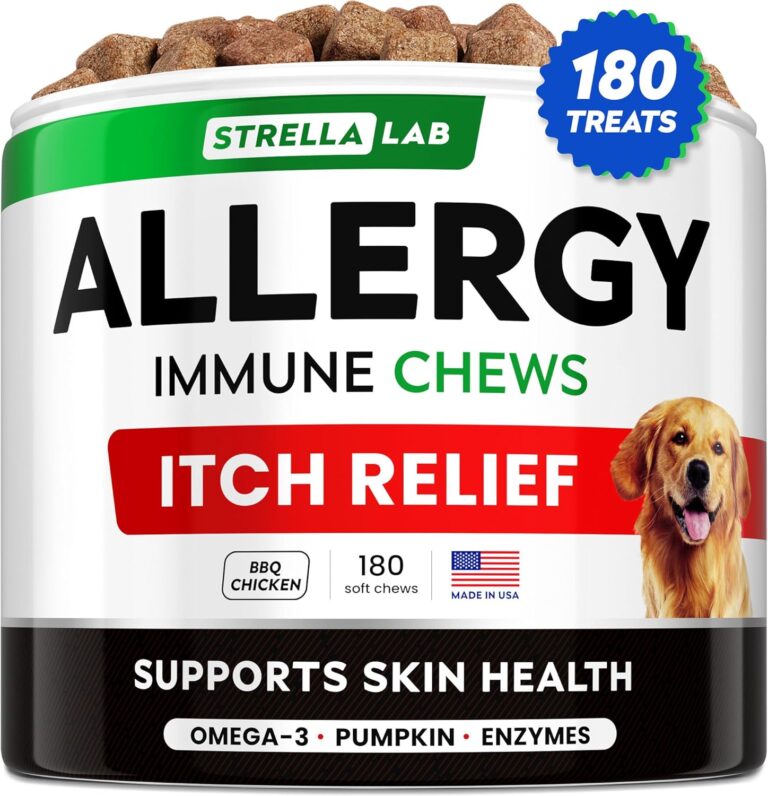 STRELLALAB Dog Allergy Relief & Anti Itch Support Chews w/Omega 3: Real Ingredients, Real Taste! Skin & Coat Immune Supplement w/Fish Oil, Pumpkin & Enzymes  BBQ Chicken - 180Ct