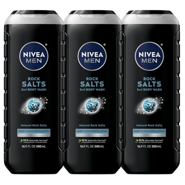 NIVEA MEN Deep Clean Rock Salts Body Wash with Scrub Particles and Natural Rock Salt, Exfoliating Body Wash for Men, Cleanses Without Drying Skin, 16.9 Fl Oz Bottle, Pack of 3