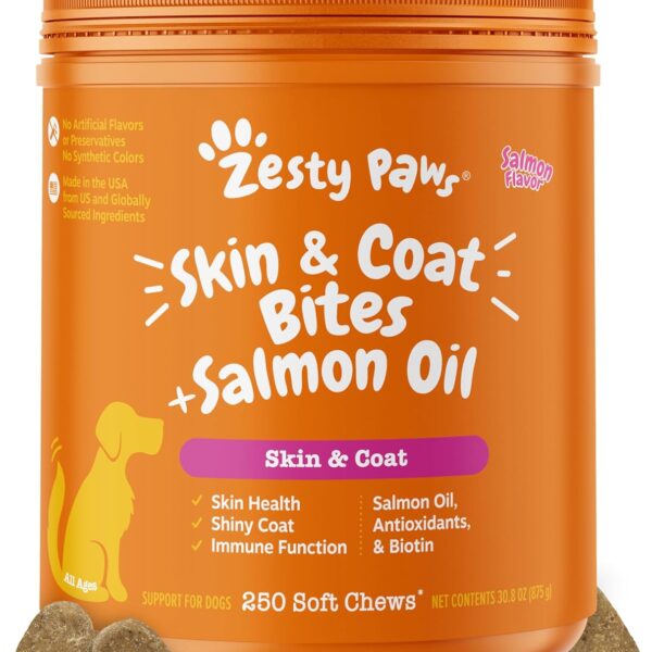 Zesty Paws Salmon Oil for Dogs Skin and Coat, Omega 3 Fish Oil Chews, Dog Allergy Relief Chews, Itch Relief Supplement, 250 Count, Salmon Flavor