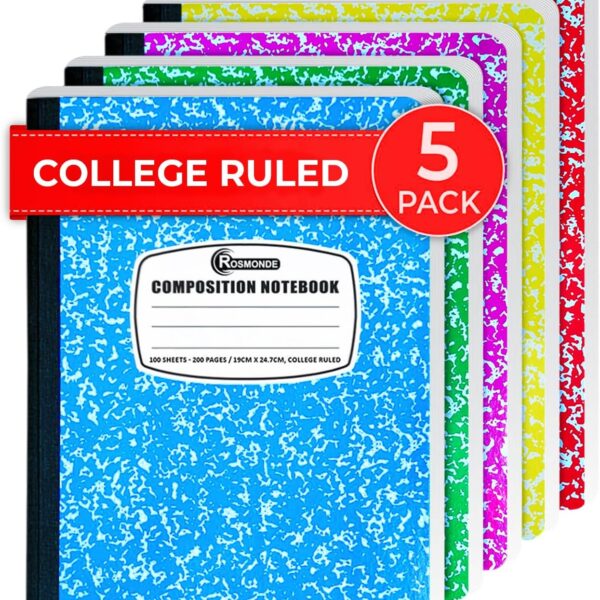 Rosmonde 5 Pack Composition Notebooks College Ruled, 200 No Bleed Pages (100 Sheets) 9-3/4x7-1/2 Notebooks for Work, Back to School Supplies for College Students, Notebooks for Women, Colors May Repeat