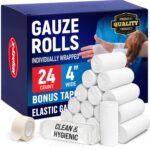 24 Gauze Rolls - 4" x 4.1yd - Soft and Breathable Rolled Gauze - Latex-Free Premium Individually Wrapped Bandages with Bonus Tape - First Aid Conforming Stretch Wrap for Wound Care - Vet Wrap