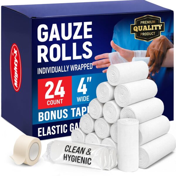 24 Gauze Rolls - 4" x 4.1yd - Soft and Breathable Rolled Gauze - Latex-Free Premium Individually Wrapped Bandages with Bonus Tape - First Aid Conforming Stretch Wrap for Wound Care - Vet Wrap