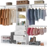 Walk in Closet Organizer System - with 3 Extendable Hanging Rods, Built-in Garment Rack with 6 Shelves, Wall Mounted Clothes Organizers Storage Systems for Bedroom