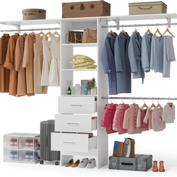 Walk in Closet Organizer System - with 3 Extendable Hanging Rods, Built-in Garment Rack with 6 Shelves, Wall Mounted Clothes Organizers Storage Systems for Bedroom