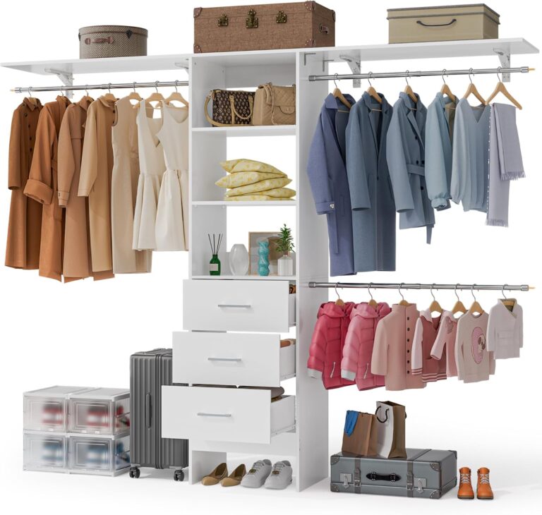 Walk in Closet Organizer System - with 3 Extendable Hanging Rods, Built-in Garment Rack with 6 Shelves, Wall Mounted Clothes Organizers Storage Systems for Bedroom
