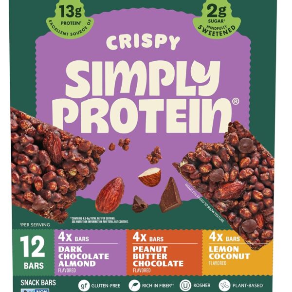 Simply Protein - Crispy Vegan Protein Bars Variety Pack, 3 Flavors - Plant Based, Protein Snacks - 13g Protein, 2g Sugar, 7g Fiber - Gluten Free, Non GMO, Kosher - 12 Bars