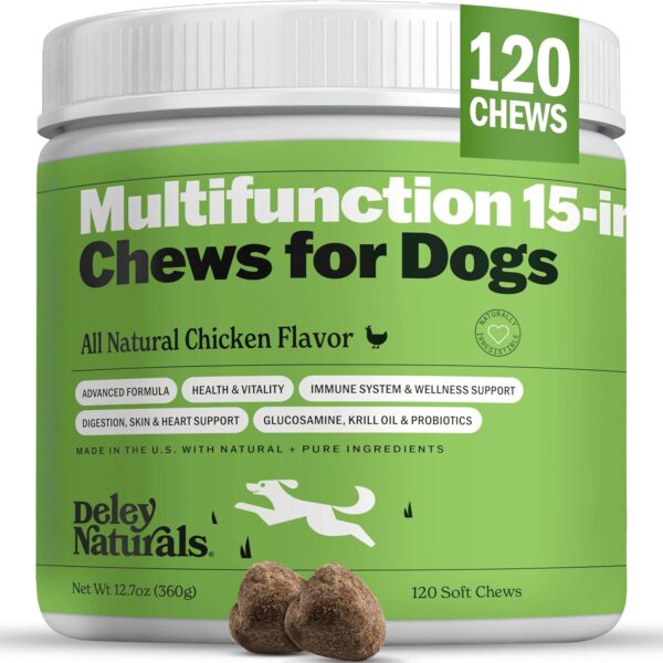 Deley Naturals 15 in 1 Multivitamin for Dogs - Complete Dog Vitamins and Supplements for Immune Support, Joint, Skin, Digestion, Heart & Overall Health - Daily Multifunction Supplements - 120 Chews