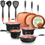 NutriChef 14-Piece Non-Stick Pots and Pans Set - Induction Ready Multi-Sized Cooking Pots with Lids, Small and Medium Frying Pans with Slotted Spatula, Pasta Server, Soup Ladle, Silicone Handles