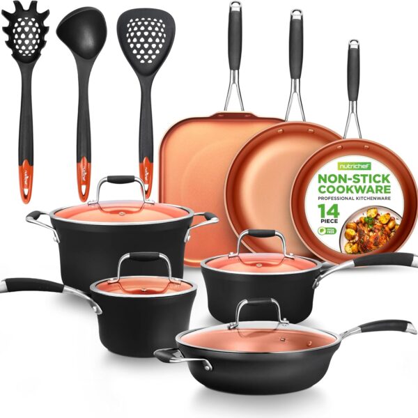 NutriChef 14-Piece Non-Stick Pots and Pans Set - Induction Ready Multi-Sized Cooking Pots with Lids, Small and Medium Frying Pans with Slotted Spatula, Pasta Server, Soup Ladle, Silicone Handles