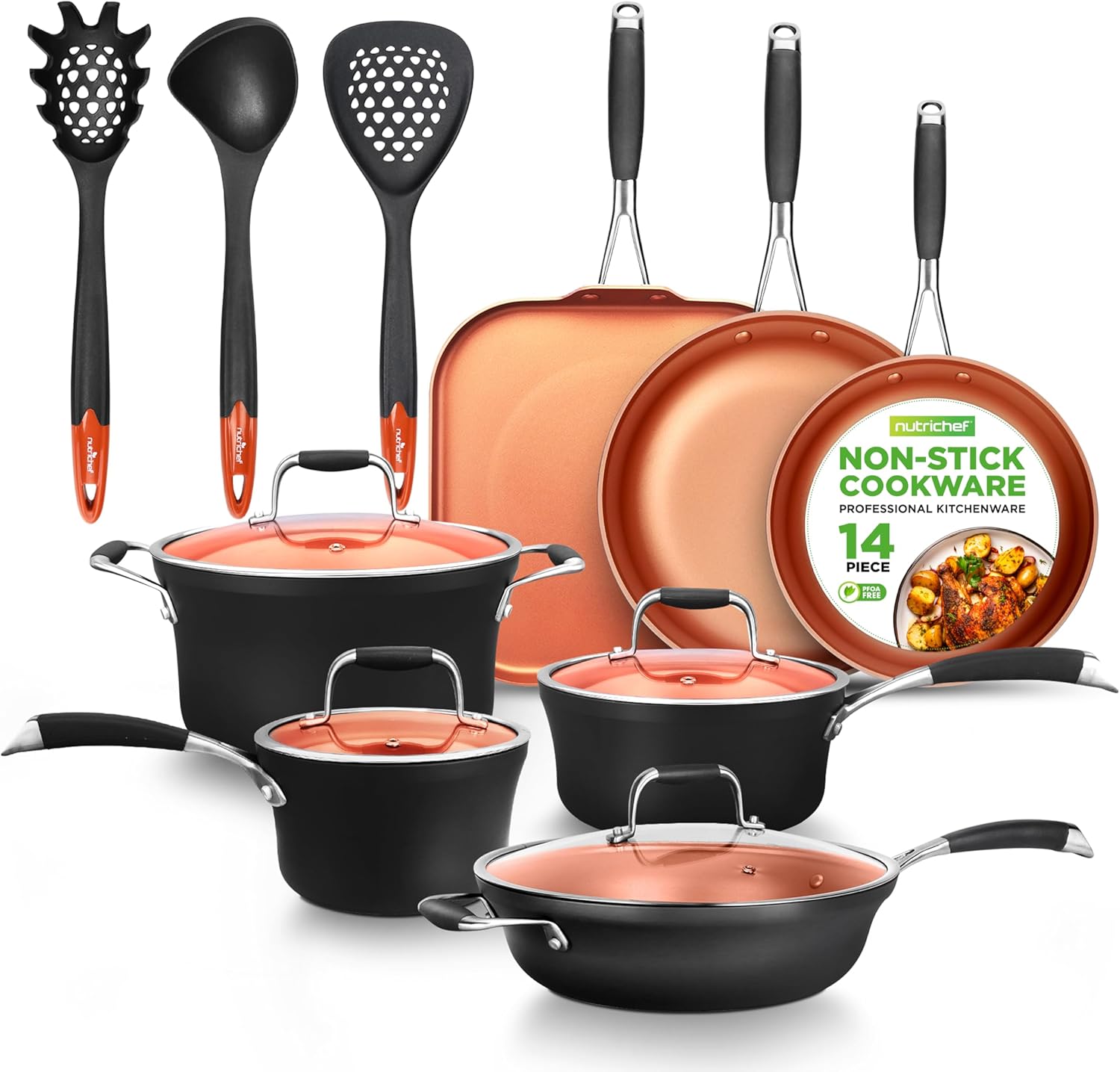NutriChef 14-Piece Non-Stick Pots and Pans Set - Induction Ready Multi-Sized Cooking Pots with Lids, Small and Medium Frying Pans with Slotted Spatula, Pasta Server, Soup Ladle, Silicone Handles NutriChef 14-Piece Non-Stick Pots and Pans Set - Induction Ready Multi-Sized Cooking Pots with Lids, Small and Medium Frying Pans with Slotted Spatula, Pasta Server, Soup Ladle, Silicone Handles