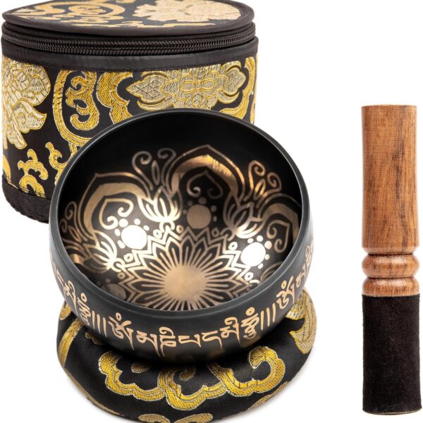 Tibetan Singing Bowl Set - 4" Easy To Play Authentic Handmade For Meditation Sound 7 Chakra Healing By HIMALAYAN BAZAAR (Black with Box, 4")