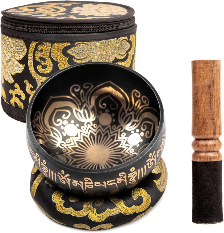 Tibetan Singing Bowl Set - 4" Easy To Play Authentic Handmade For Meditation Sound 7 Chakra Healing By HIMALAYAN BAZAAR (Black with Box, 4")