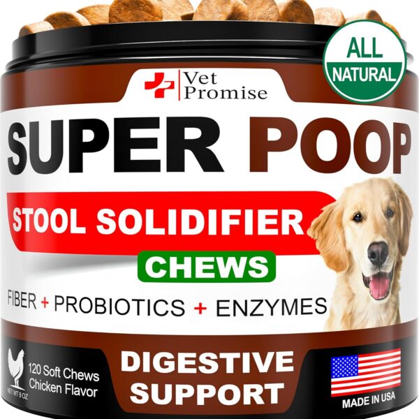 Vet Promise Super Poop Probiotics for Dogs - Dog Stool Softener - Fiber for Dogs Supplement - 6 Probiotics and Digestive Enzymes - Healthy Gut - Perfect for Firm Stool & Diarrhea Relief - 120 Chews
