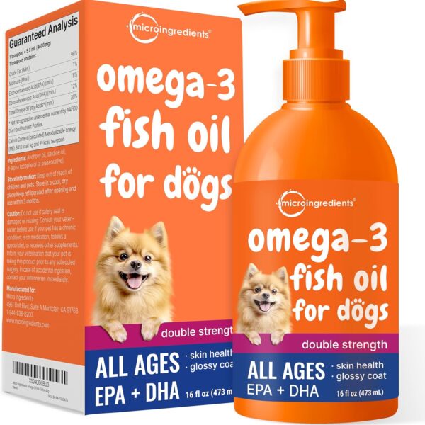 Micro Ingredients Omega-3 Fish Oil for Dogs & Cats, 16 fl oz | Supports Healthy Skin & Shiny Coats* | Liquid EPA & DHA Formula | Wild-Caught Fish Source | Easy-Pump Dispenser | Non-GMO & Pet Friendly