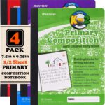 Mintra Primary Composition Notebook, 4 Pack, Assorted Colors 80 Sheets, 7.5in x 9.75in, 1/2 Sheet, Ruled with Drawing Area, Flexible Hardcover Journal, Grades K-2, School & Home Use