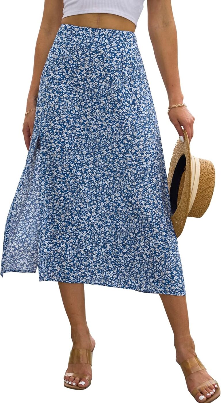 NENONA Womens Summer Flowy Slit Midi Skirts Casual Lightweight High Waisted Boho Floral Beach Skirt